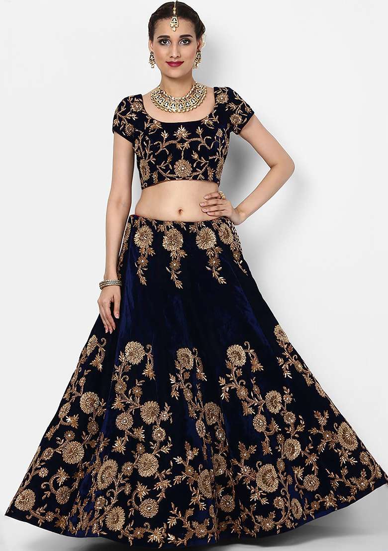 Navy Blue Embroidered Velvet Lehenga Set - Indya