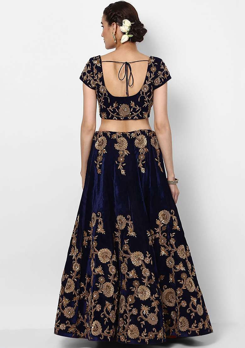 Navy Blue Embroidered Velvet Lehenga Set - Indya