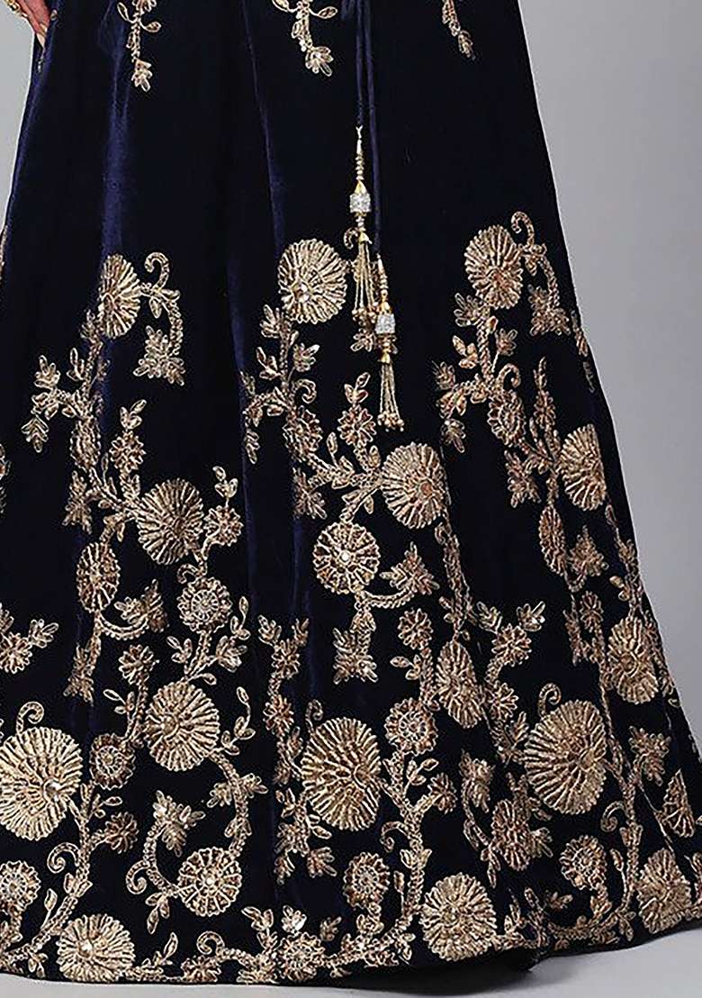 Navy Blue Embroidered Velvet Lehenga Set - Indya
