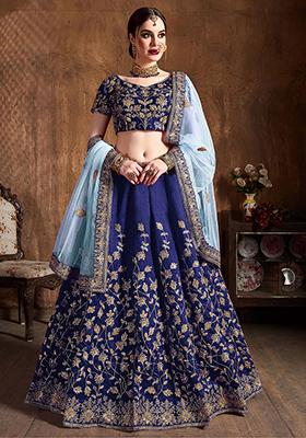 Navy Blue Sequin Embroidered Raw Silk Lehenga Set
