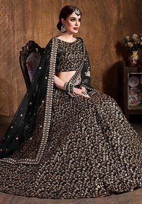 Black Zari Embroidered Raw Silk Lehenga Set