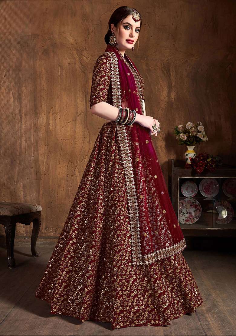Maroon Zari Embroidered Raw Silk Lehenga Set for Diwali and Festive Wear - Indya