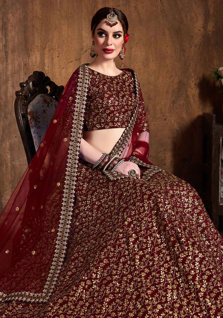 Maroon Zari Embroidered Raw Silk Lehenga Set for Diwali and Festive Wear - Indya