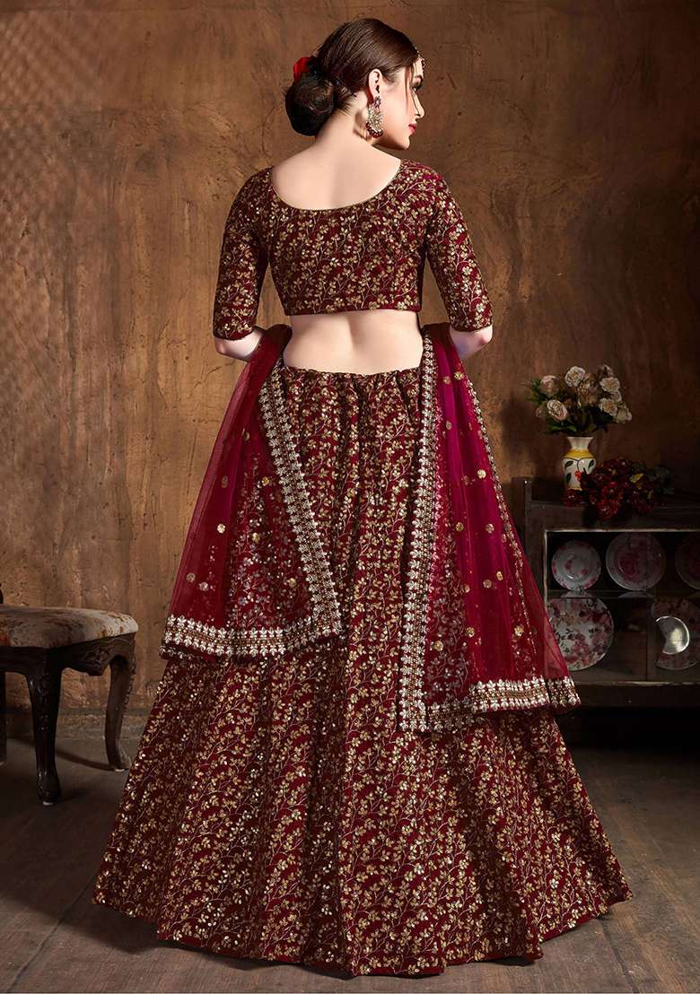 Maroon Zari Embroidered Raw Silk Lehenga Set for Diwali and Festive Wear - Indya