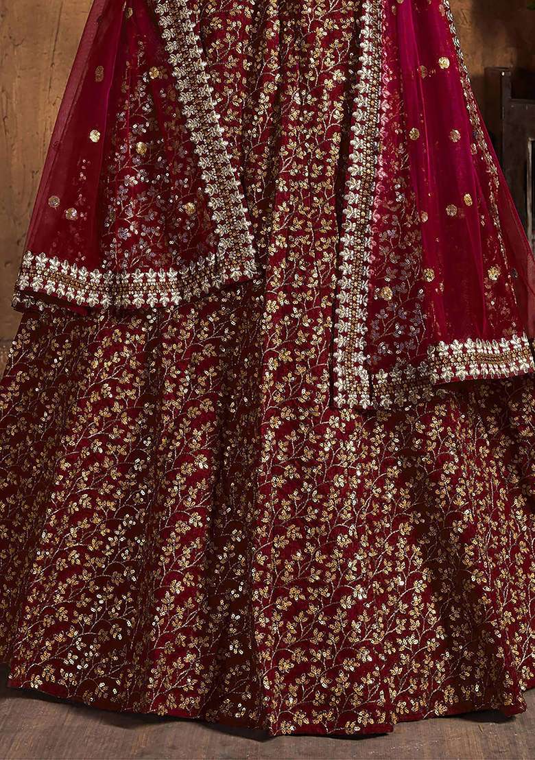 Maroon Zari Embroidered Raw Silk Lehenga Set for Diwali and Festive Wear - Indya