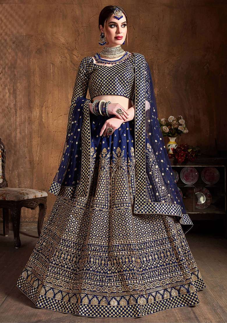 Navy Blue Sequin Embroidered Raw Silk Lehenga Set - Indya