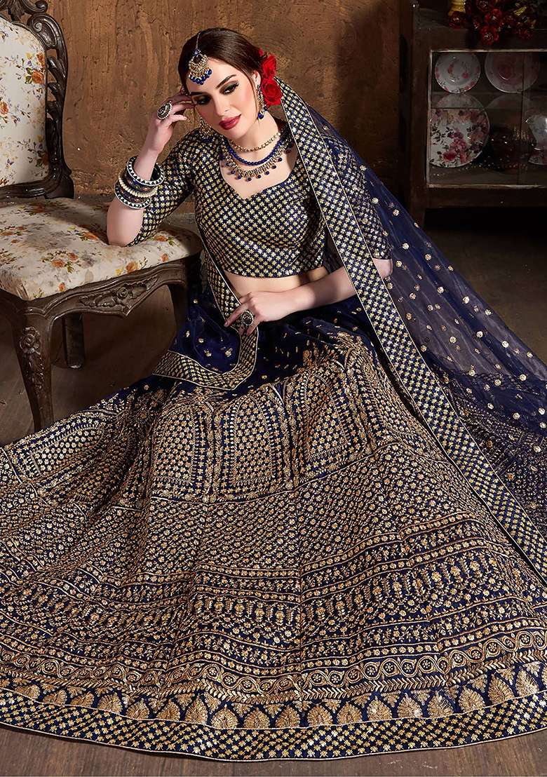 Navy Blue Sequin Embroidered Raw Silk Lehenga Set - Indya