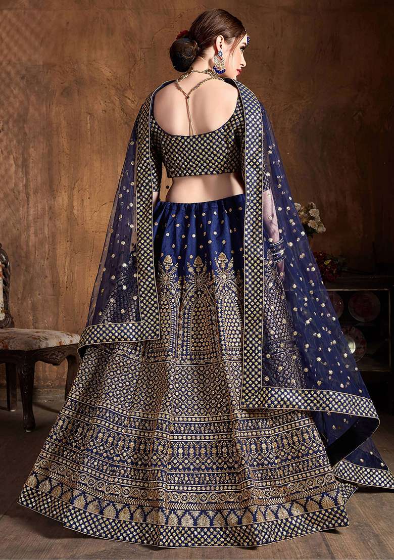 Navy Blue Sequin Embroidered Raw Silk Lehenga Set - Indya