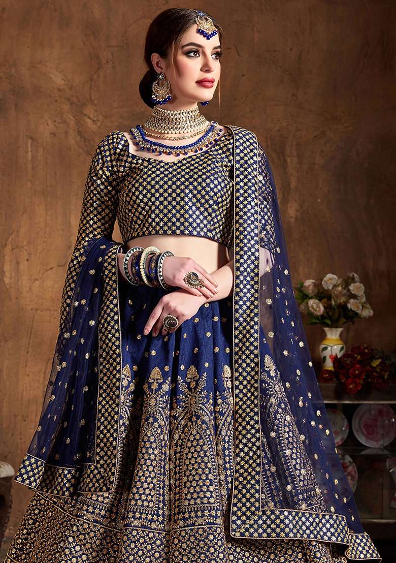 Navy Blue Sequin Embroidered Raw Silk Lehenga Set - Indya