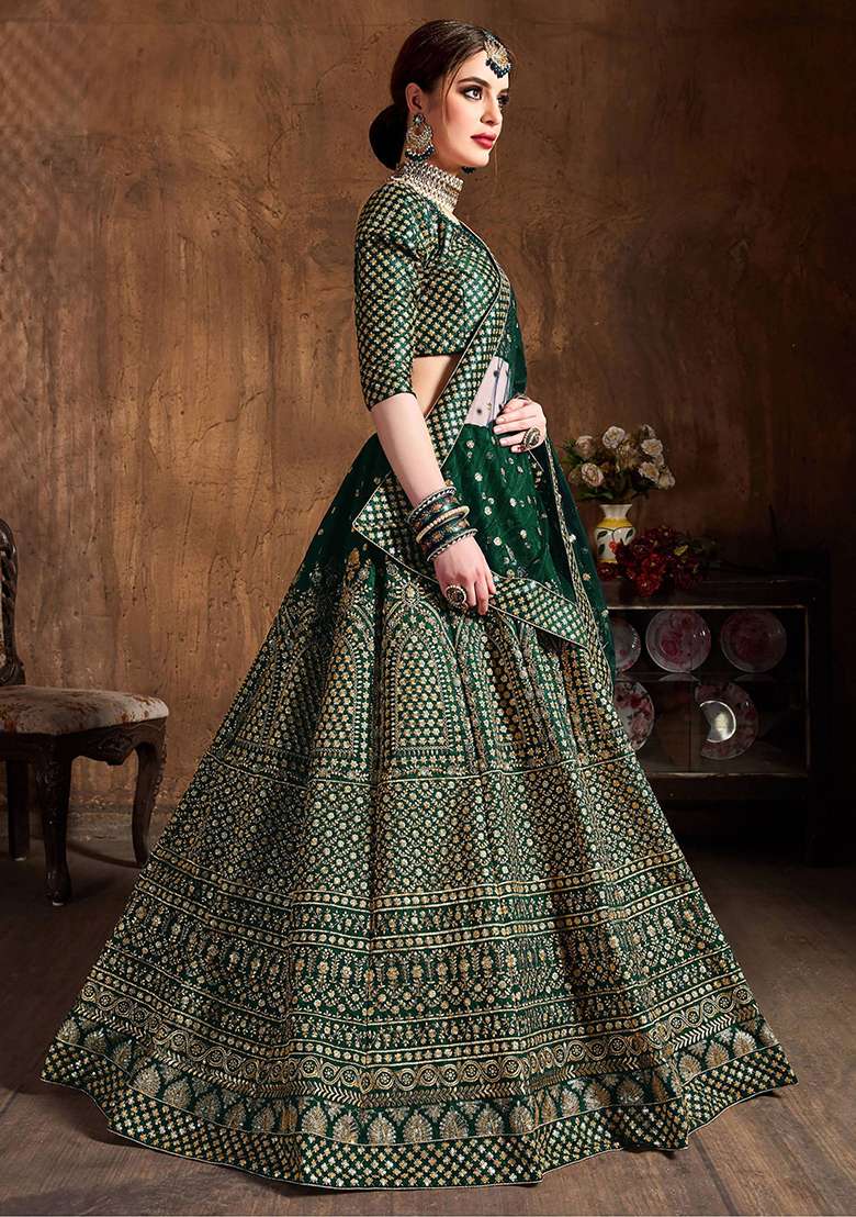 Bottle Green Sequin Embroidered Raw Silk Lehenga Set - Indya