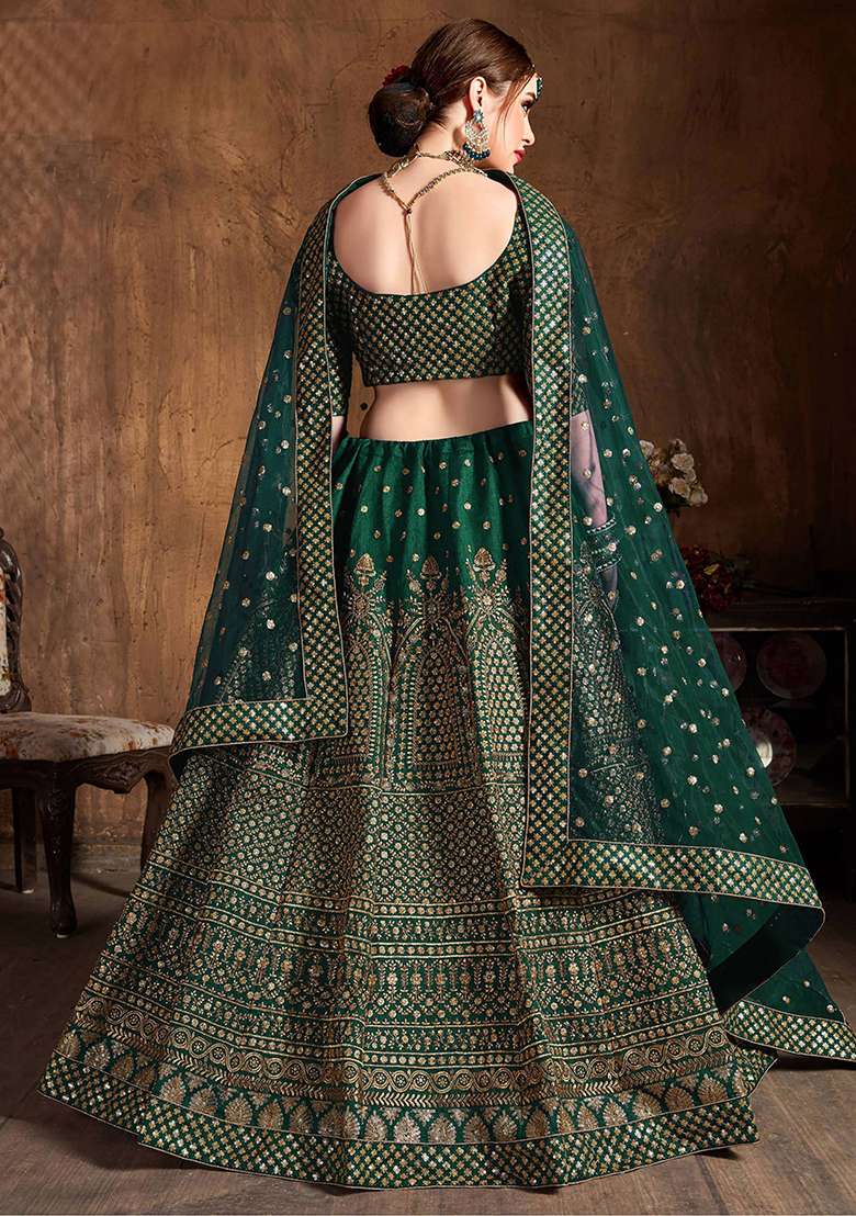 Bottle Green Sequin Embroidered Raw Silk Lehenga Set - Indya