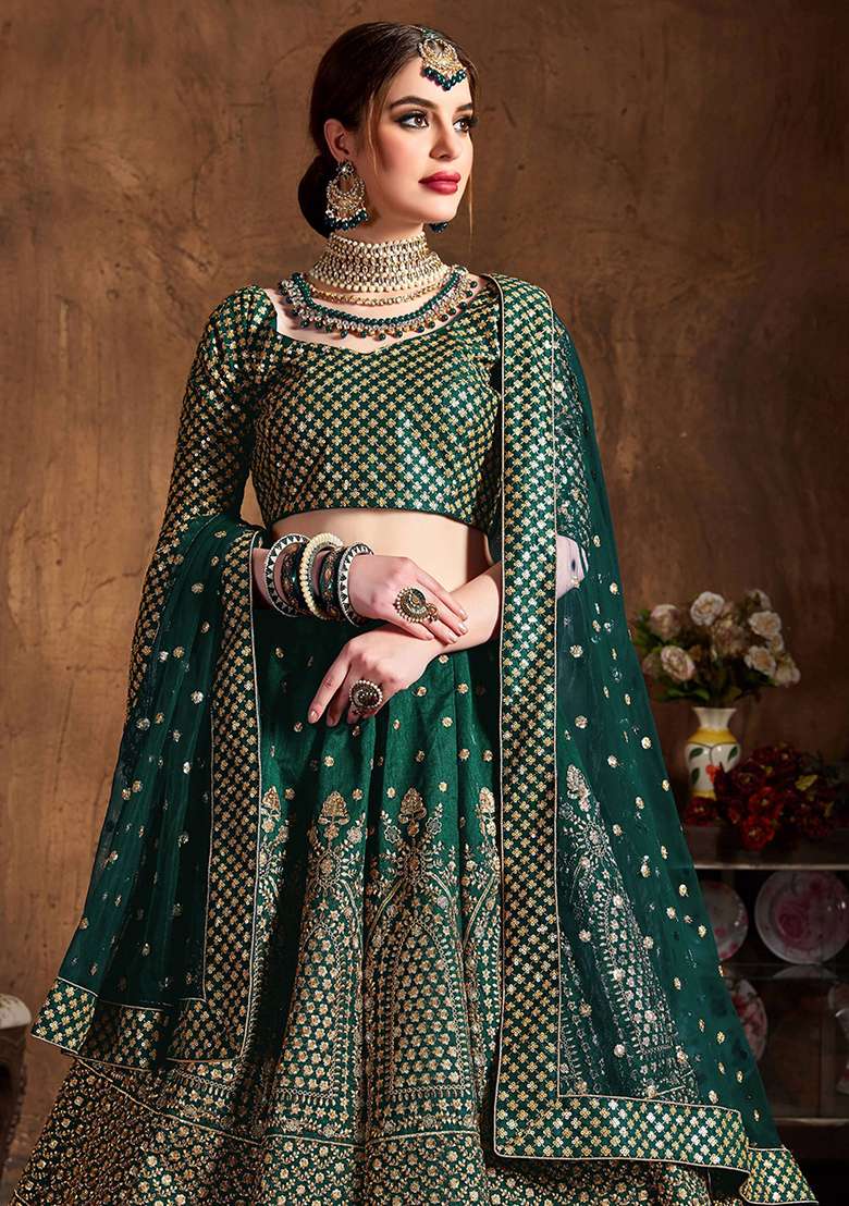 Bottle Green Sequin Embroidered Raw Silk Lehenga Set - Indya