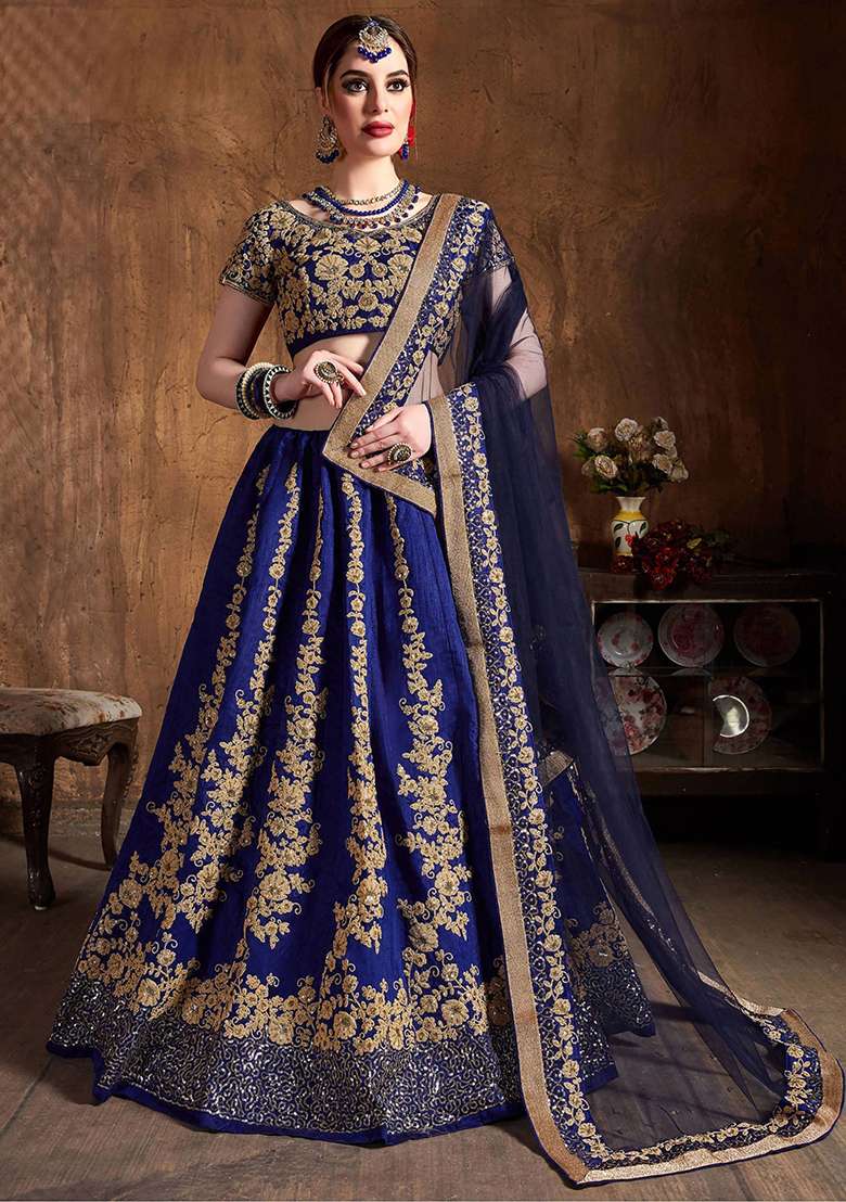 Navy Blue Embroidered Raw Silk Lehenga Set - Indya
