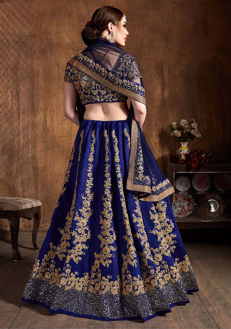 Navy Blue Embroidered Raw Silk Lehenga Set - Indya