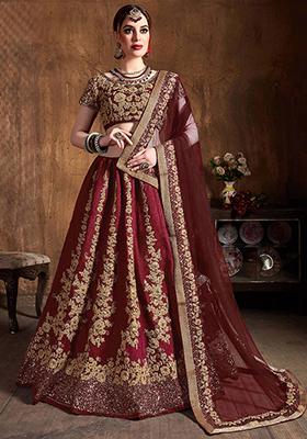 Maroon Embroidered Raw Silk Lehenga Set