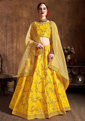 Yellow Embroidered Mulberry Silk Lehenga Set