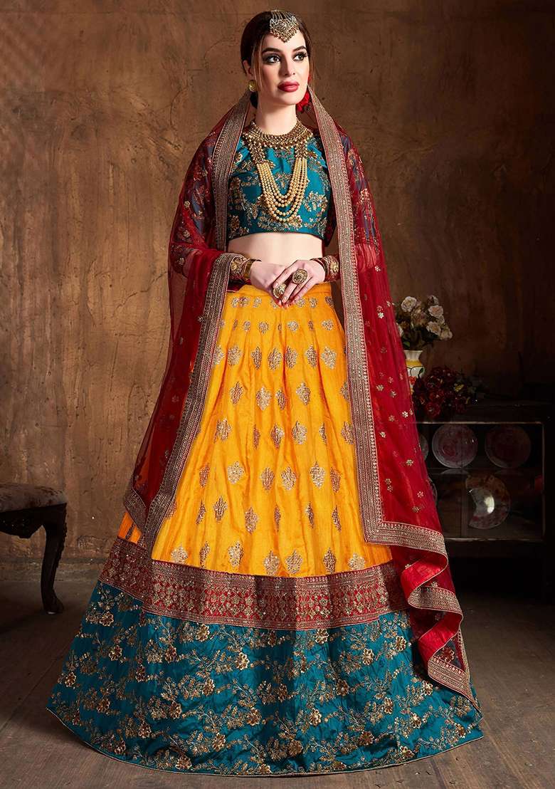 Teal Green Embroidered Banarasi Silk Lehenga Set - Indya