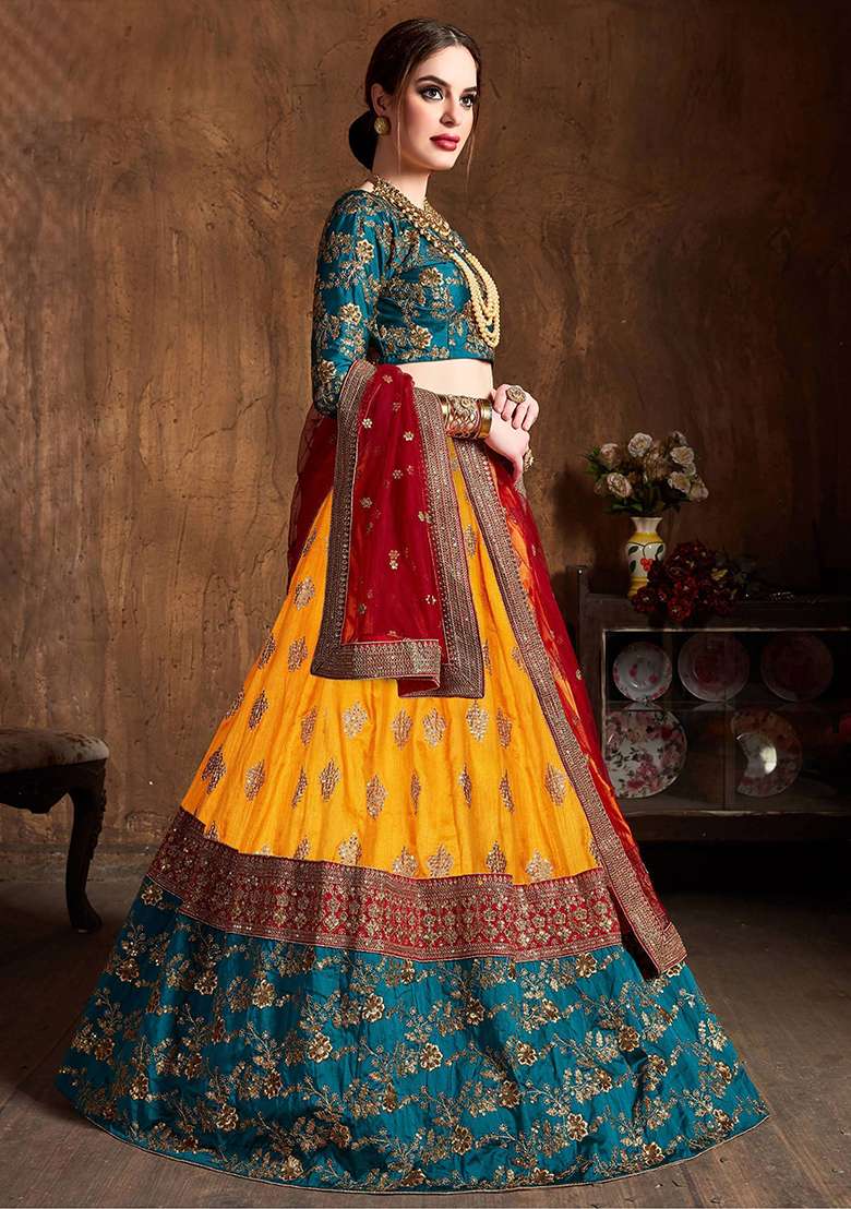 Teal Green Embroidered Banarasi Silk Lehenga Set - Indya