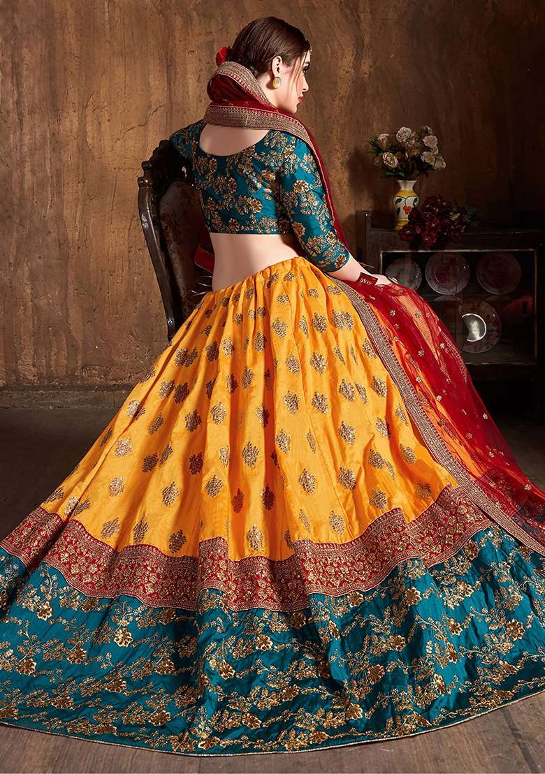Teal Green Embroidered Banarasi Silk Lehenga Set - Indya