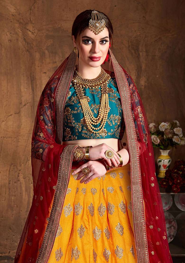 Teal Green Embroidered Banarasi Silk Lehenga Set - Indya