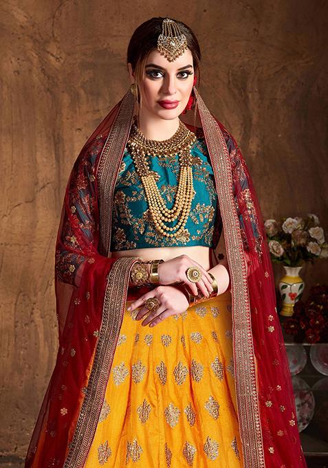 Teal Green & Magenta  Embroidered Banarasi Silk Lehenga Choli & Dupatta main image 1