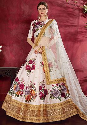 Off White Floral Print Banglori Silk Lehenga Set