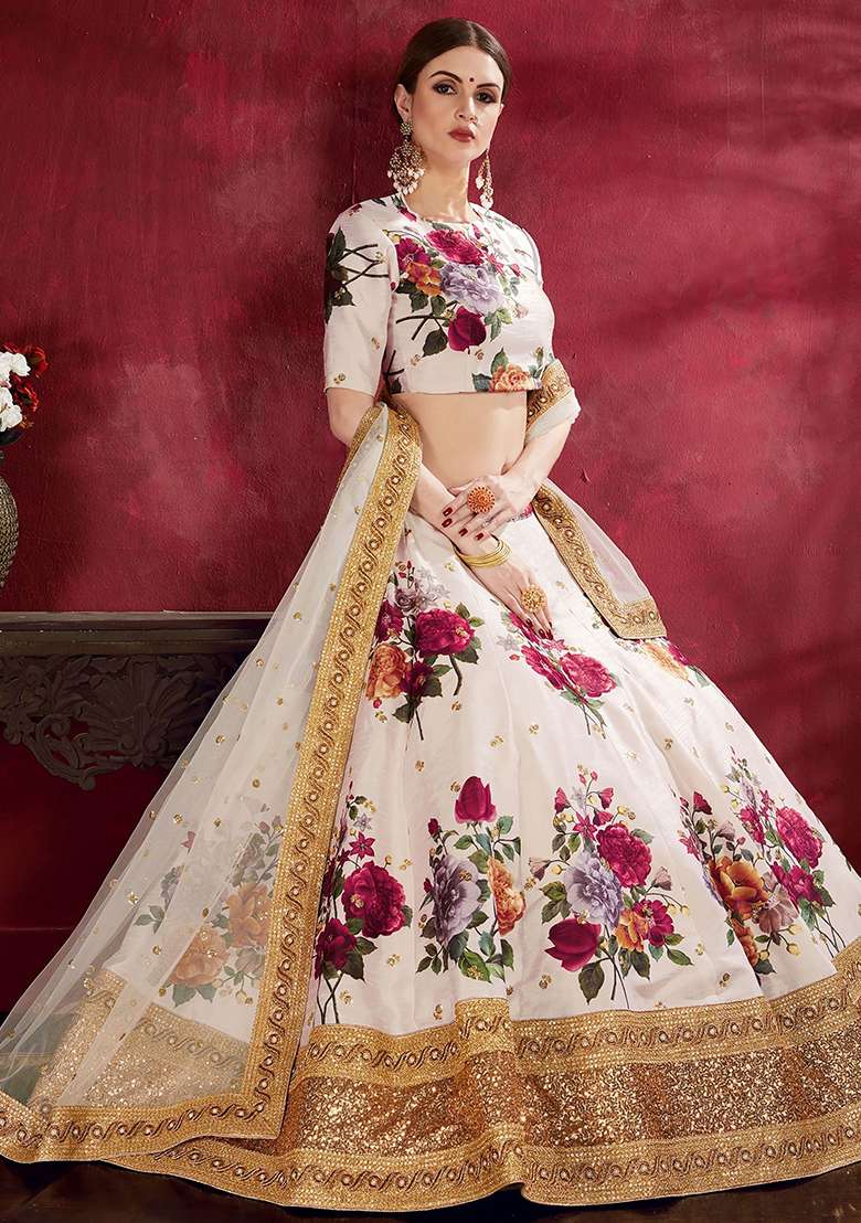 Off White Floral Print Banglori Silk Lehenga Set - Indya