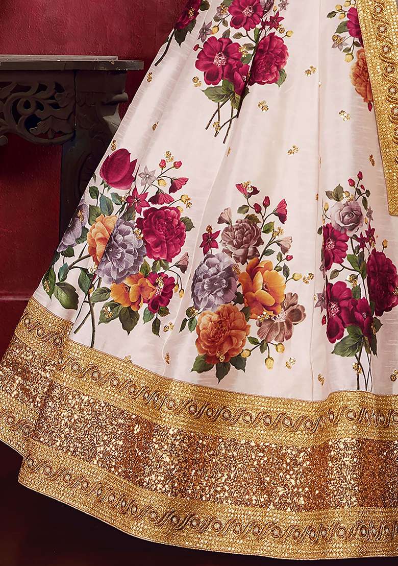 Off White Floral Print Banglori Silk Lehenga Set - Indya