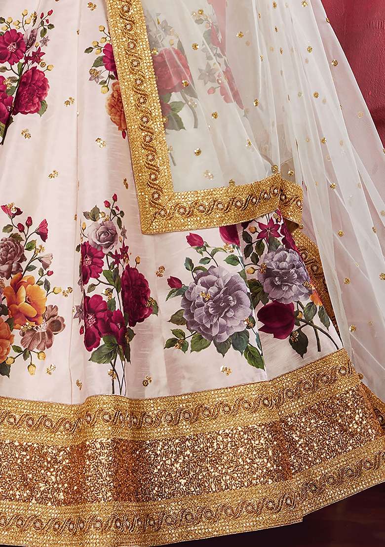 Off White Floral Print Banglori Silk Lehenga Set - Indya