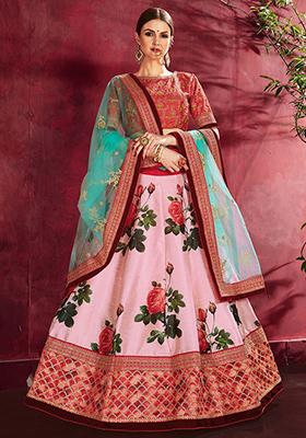 Rose Pink Floral Print Banglori Silk Lehenga Set