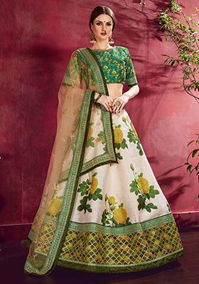Cream And Green Floral Print Banglori Silk Lehenga Set