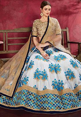 White Floral Print Banglori Silk Lehenga Set
