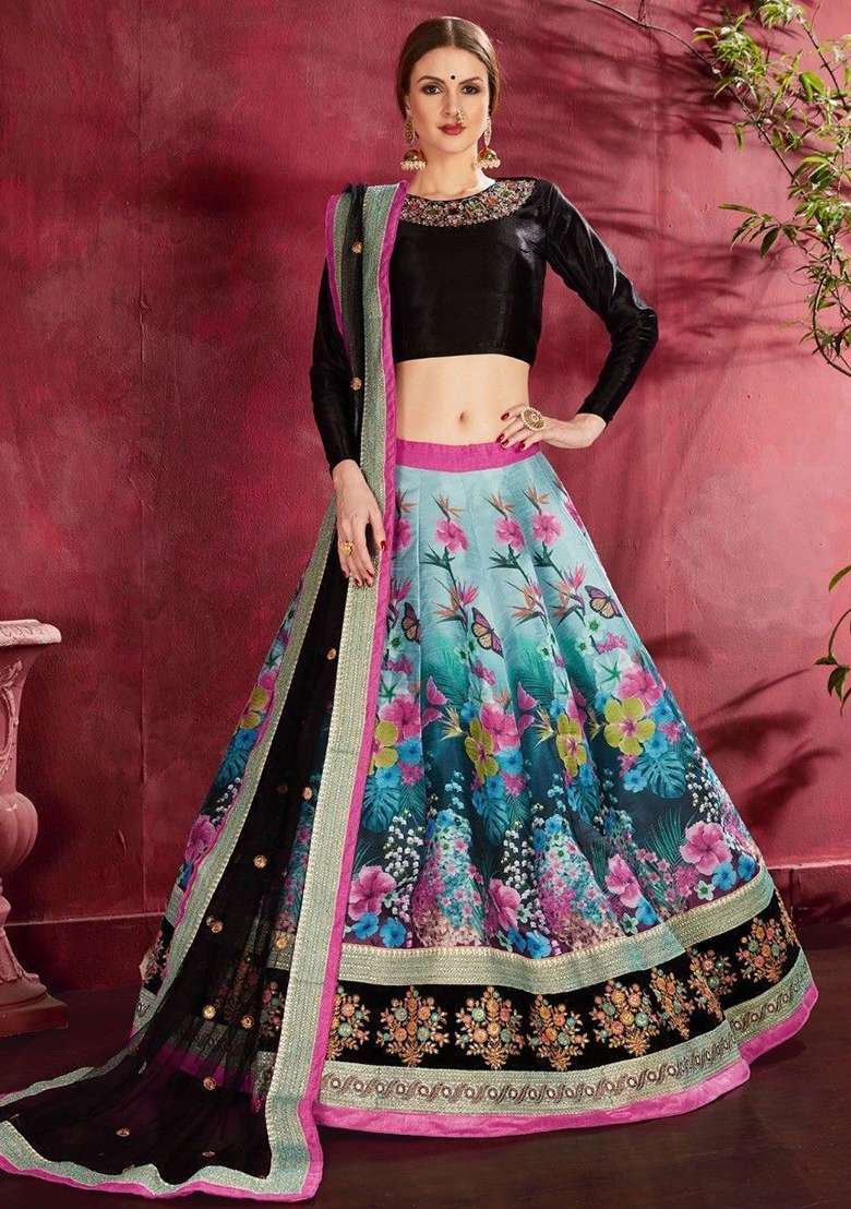 Blue Floral Print Banglori Silk Lehenga Set - Indya