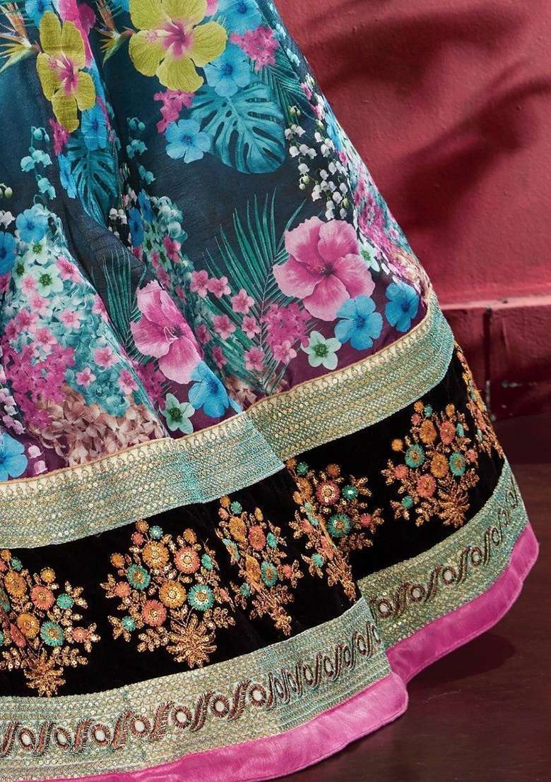 Blue Floral Print Banglori Silk Lehenga Set - Indya