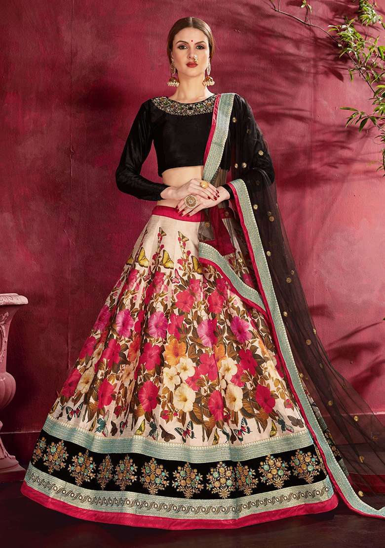 Multicolor Floral Print Banglori Silk Lehenga Set - Indya