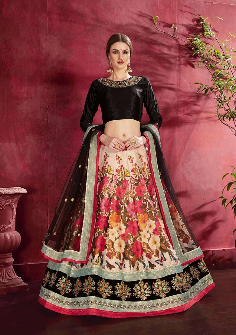 Multicolor Floral Print Banglori Silk Lehenga Set - Indya