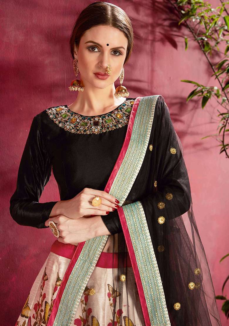 Multicolor Floral Print Banglori Silk Lehenga Set - Indya