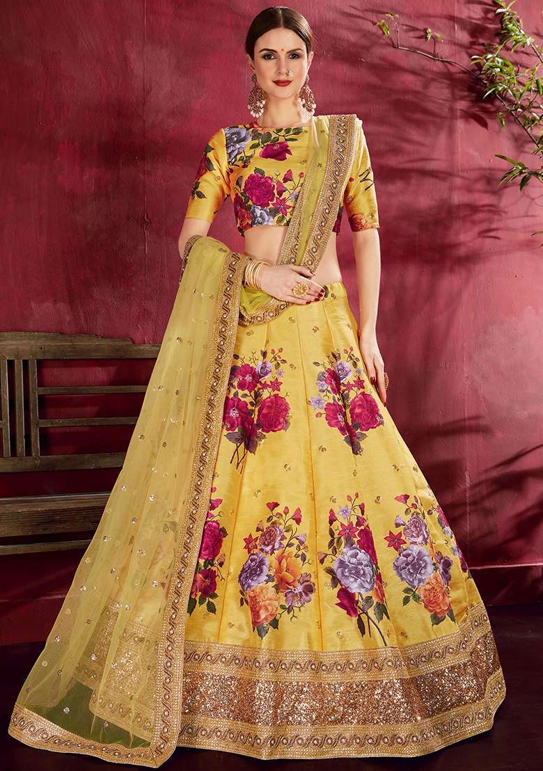 Yellow Floral Print Banglori Silk Lehenga Set - Indya