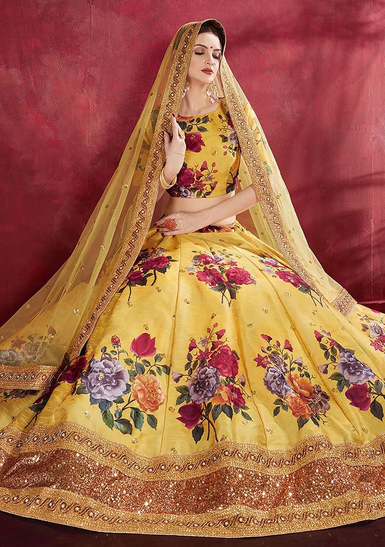 Yellow Floral Print Banglori Silk Lehenga Set - Indya