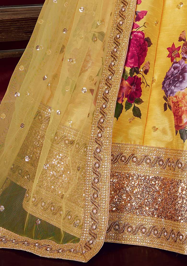 Yellow Floral Print Banglori Silk Lehenga Set - Indya