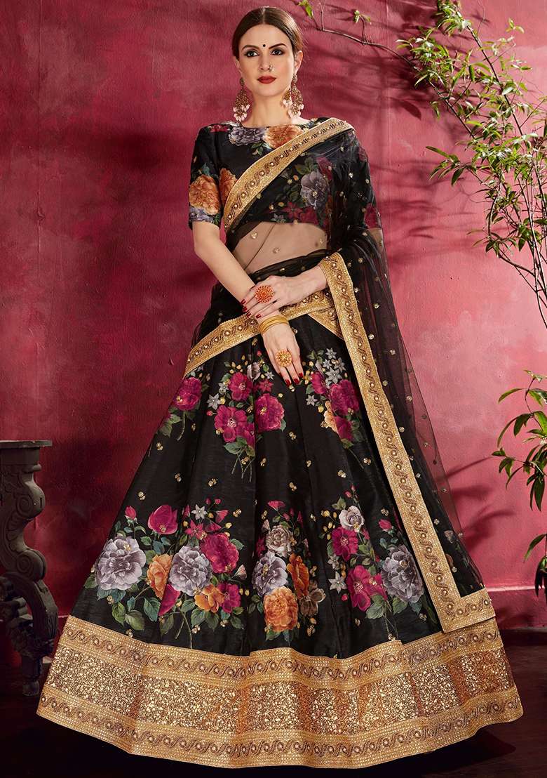 Black Floral Print Banglori Silk Lehenga Set - Indya