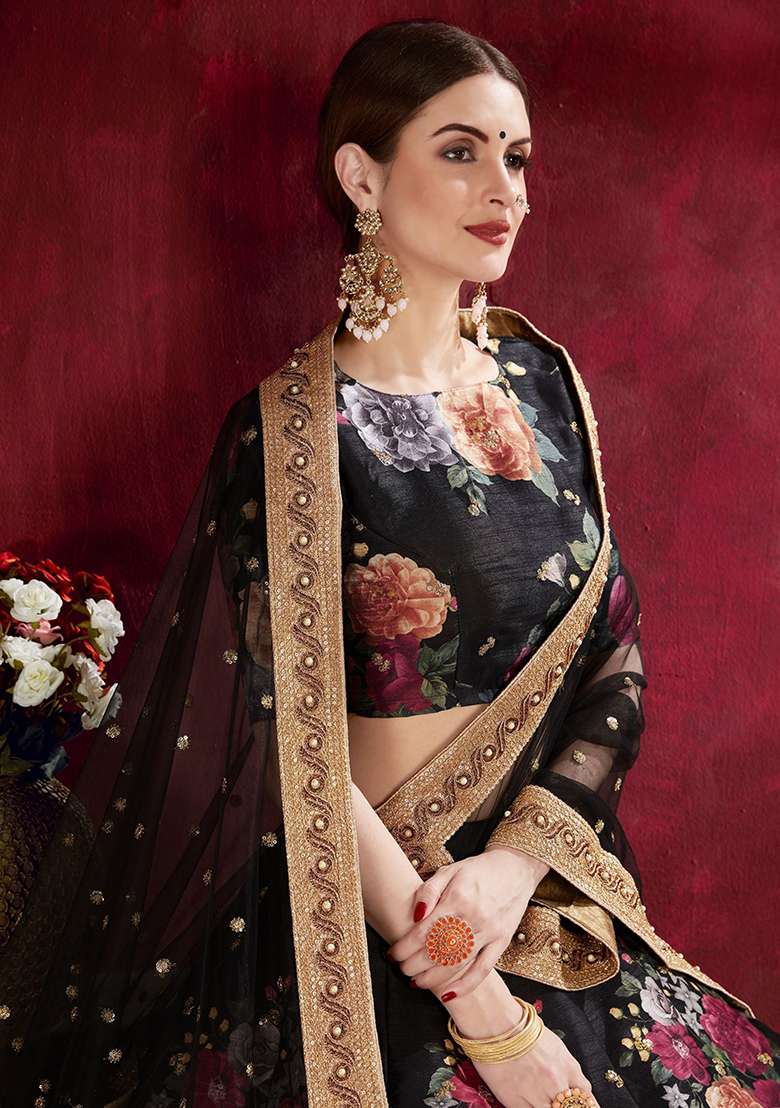 Black Floral Print Banglori Silk Lehenga Set - Indya