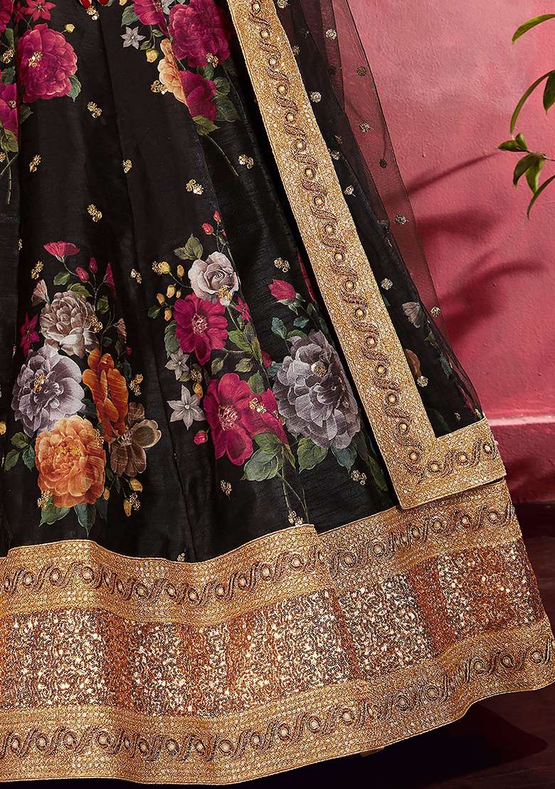 Black Floral Print Banglori Silk Lehenga Set - Indya