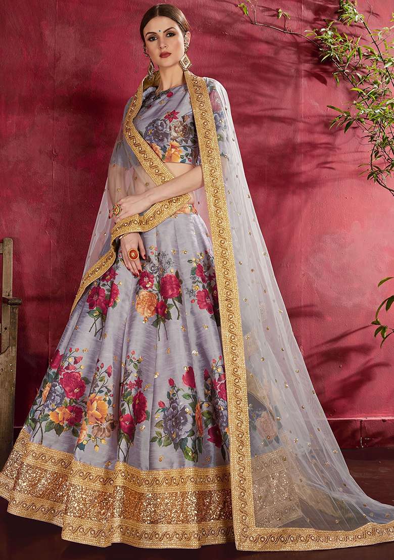 Grey Floral Print Banglori Silk Lehenga Set - Indya