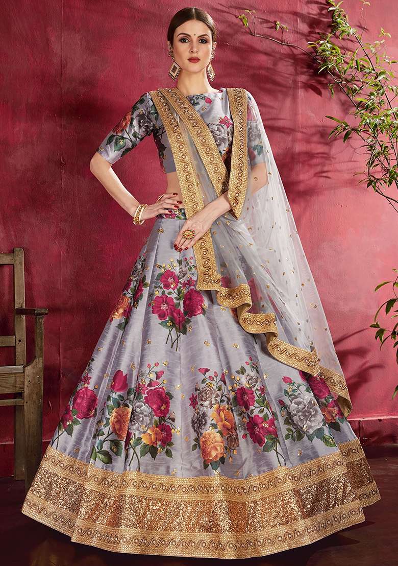Grey Floral Print Banglori Silk Lehenga Set - Indya