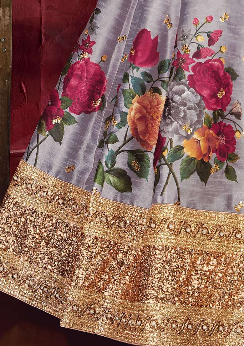 Grey Floral Print Banglori Silk Lehenga Set - Indya