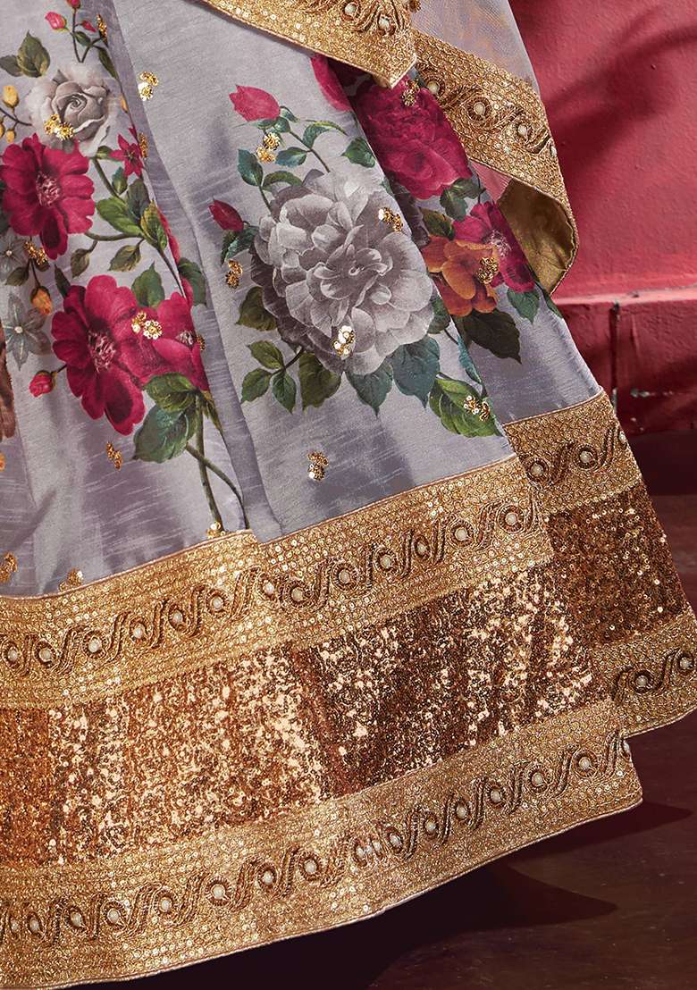 Grey Floral Print Banglori Silk Lehenga Set - Indya