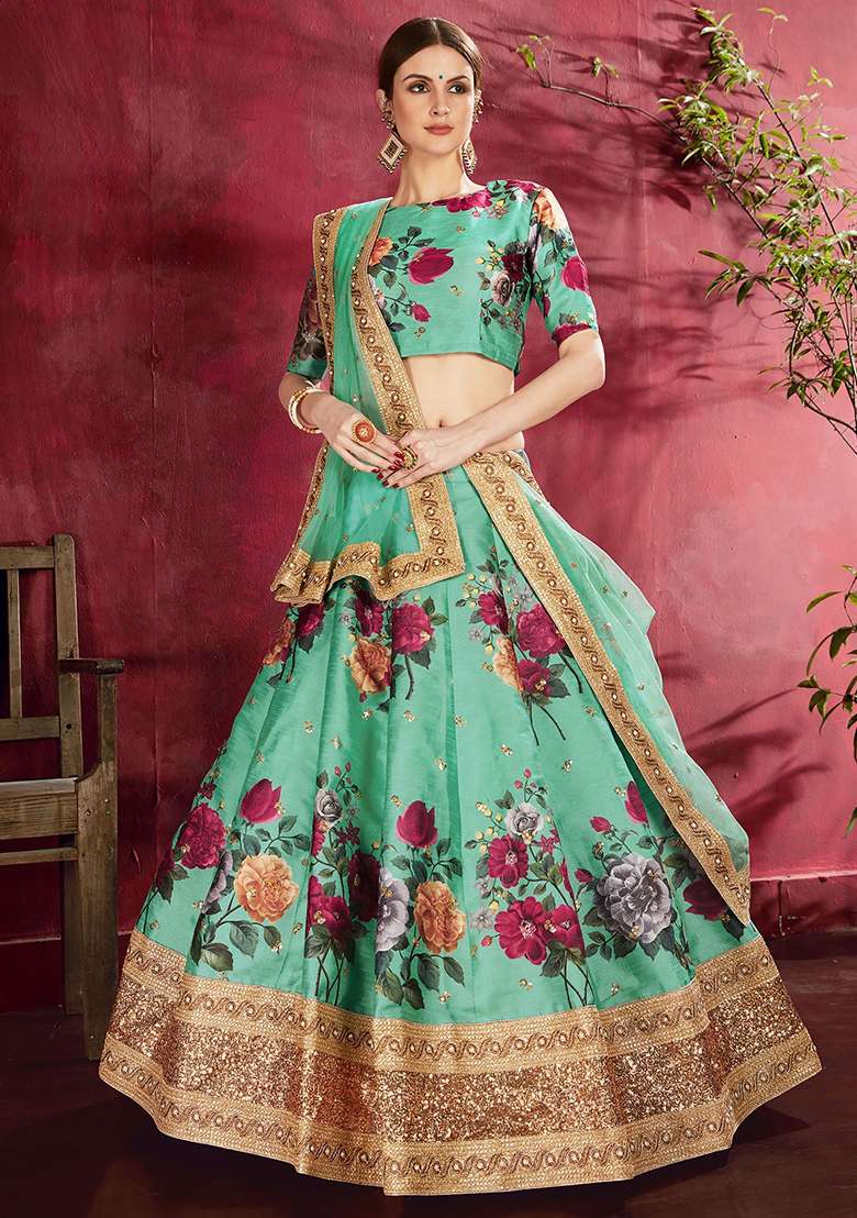 Green Floral Print Banglori Silk Lehenga Set - Indya