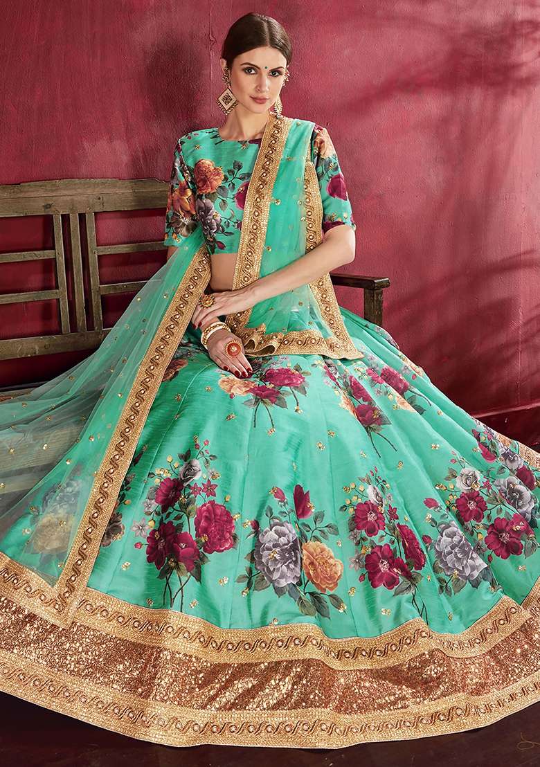 Green Floral Print Banglori Silk Lehenga Set - Indya