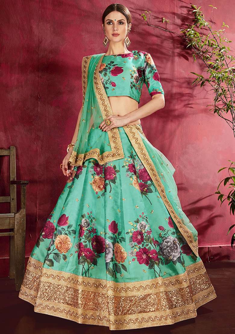 Green Floral Print Banglori Silk Lehenga Set - Indya